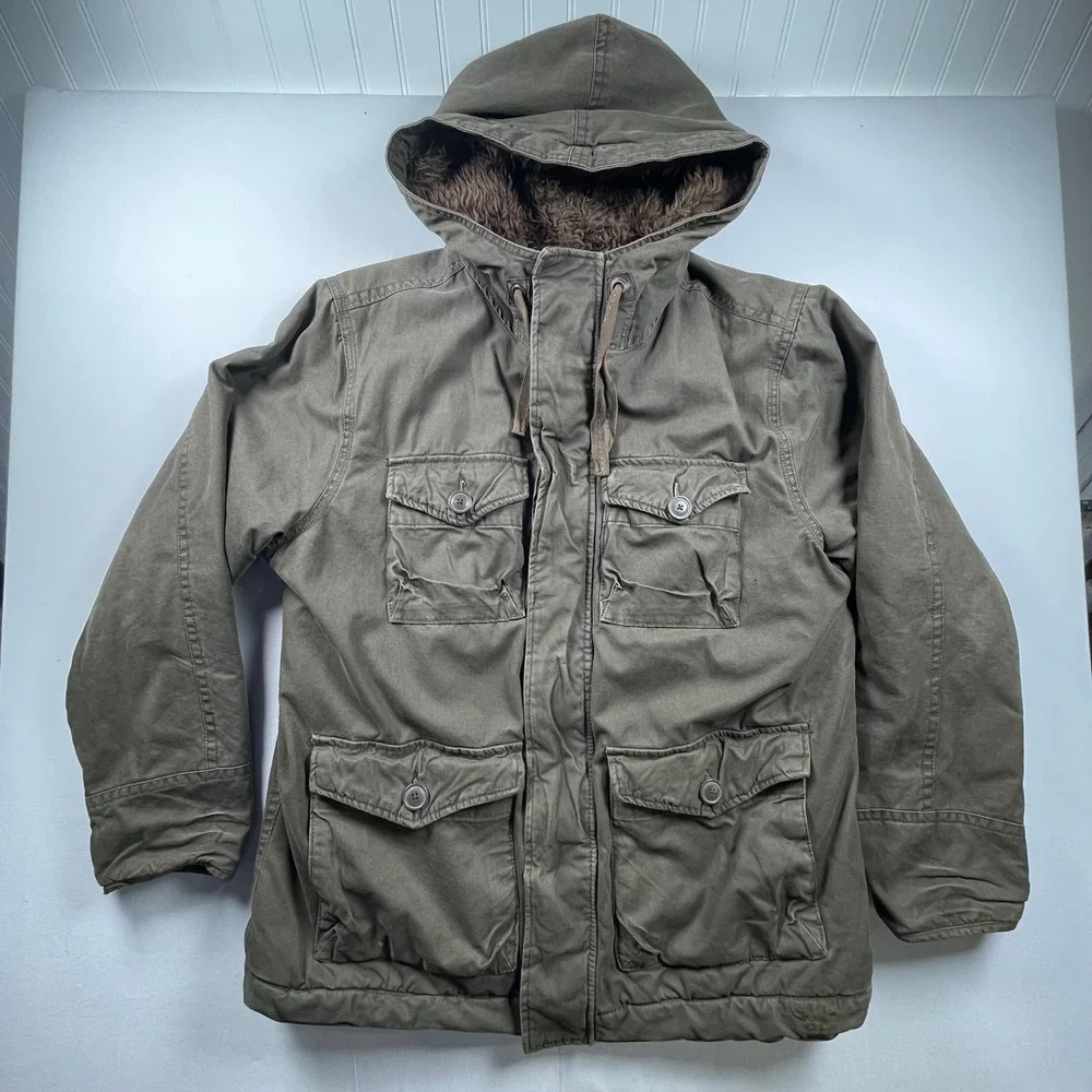 American Eagle Men XXL Faux Fur Lined Field Jacket Olive Green Hooded Parka Coat
